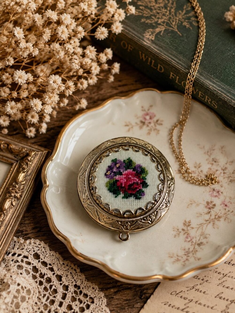 Updated Title: Vintage Floral Petit Point Locket Necklace Gold Tone Cottagecore